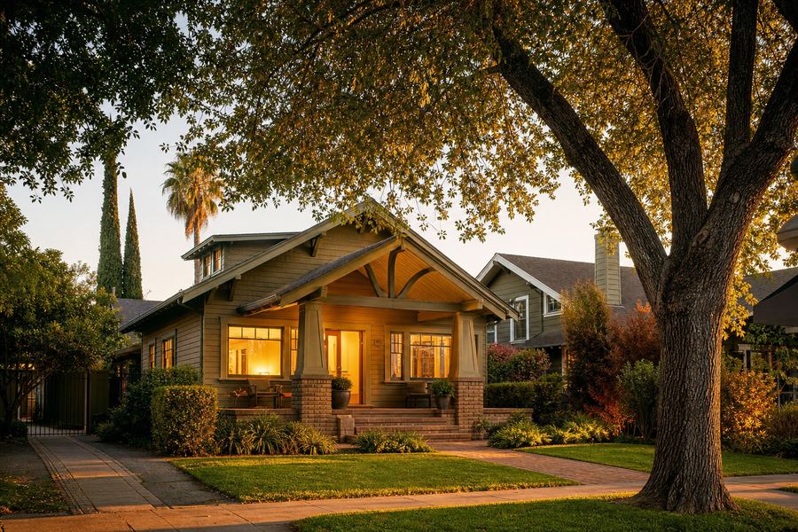 Craftsman bungalow on a tree-lined San Jose street at dusk